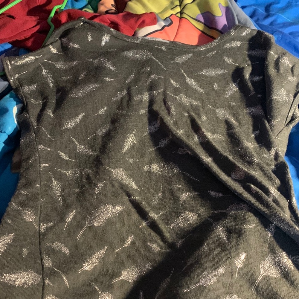 See through grey shirt with silver feathers
